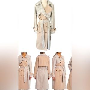 𝅺Avec Les Filles Womens tan and baby blue plaid Trench Coat M fall winter